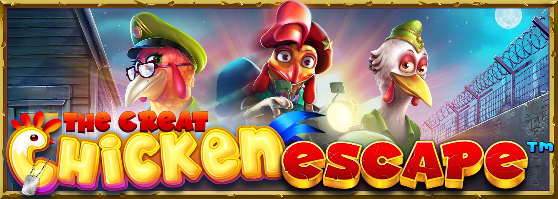 Animated banner for The Great Chicken Escape slot from Pragmatic Play featuring three rooster and chicken characters dressed in military attire next to a barbed wire fence under a night sky